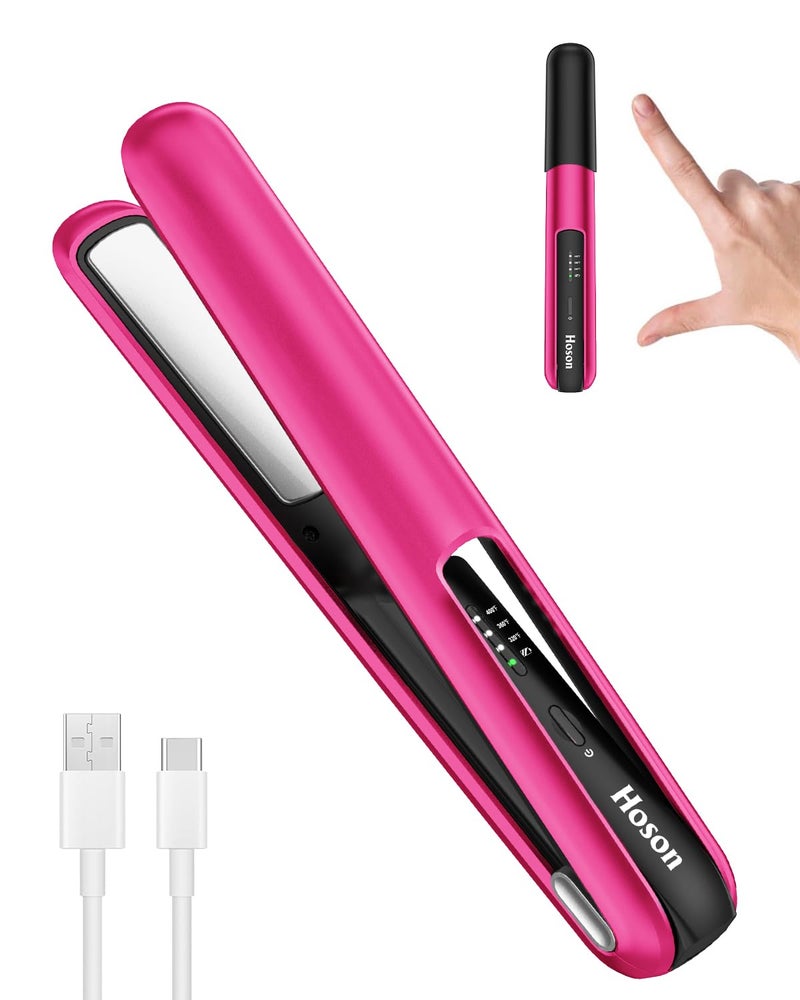 Hoson Cordless Hair StraightenerPortable Mini Flat Iron Travel for BangsShort Hair Rechargeable Curling Iron and Curler 2 in 1Hot Pinkfor Touch Ups
